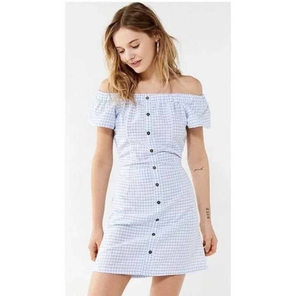 Cleobella Lou Lou Off the Shoulder Pastel Blue Gingham Mini Dress XS